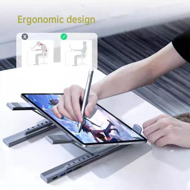 Alt view image 3 of 7 - Ergonomic 8-in-1 USB-C Laptop Stand with Docking Station, Adjustable Foldable Aluminum Riser, 4K HDMI, 100W PD, USB Ports for MacBook, Notebook (1, 8-in-1)