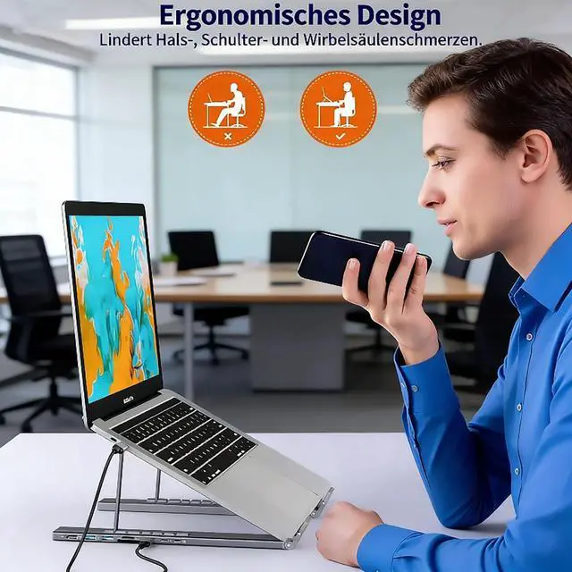 Alt view image 7 of 7 - Ergonomic 8-in-1 USB-C Laptop Stand with Docking Station, Adjustable Foldable Aluminum Riser, 4K HDMI, 100W PD, USB Ports for MacBook, Notebook (1, 8-in-1)