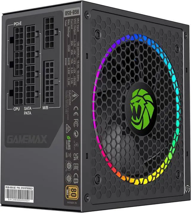 Alt view image 3 of 6 - GAMEMAX 850W 80 Plus Gold Power Supply, ATX 3.0 & PCIE 5.0 Ready, 100% Japanese Capacitors, Fully Modular, ARGB SYNC, RGB-850 Pro