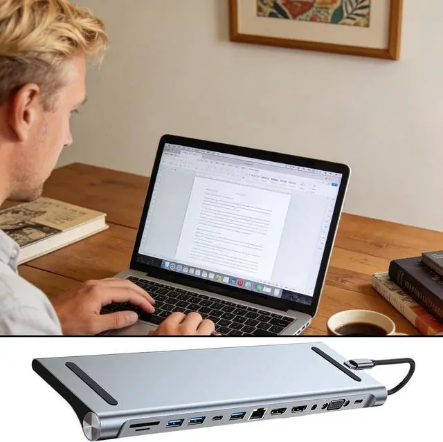 Alt view image 4 of 7 - Aluminum 12 in 1 Type C Dock USB3.0 USB2.0 Splitter Multiport Adapter 4K RJ45 HDTV Expansion Device for Laptop Ethernet USB C Center