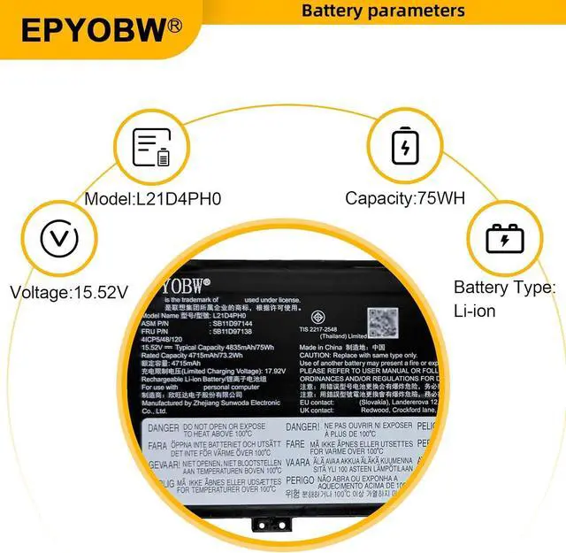 Alt view image 3 of 6 - L21D4PH0 Laptop Battery 75Wh 4835mAh 4-Cell 15.52V Compatible with Lenovo IdeaPad Yoga 9-14IAP7 82LU / Yoga 9-14IRP8 83B1 Series L21B4PH0 L21C4PH0 SB11D97144 5B11D97138 SB11D97145 SB11D97143