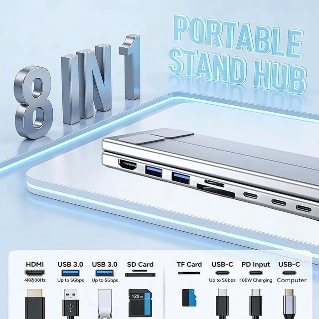 Alt view image 2 of 7 - 8 in 1 USB C Laptop Stand with Docking Station, Foldable Laptop Docking Stand with 4K HDMI, 100W PD & 5 USB Ports, Portable Multiport Computer Riser Hub for 10-17" Mac and PC (1PC)