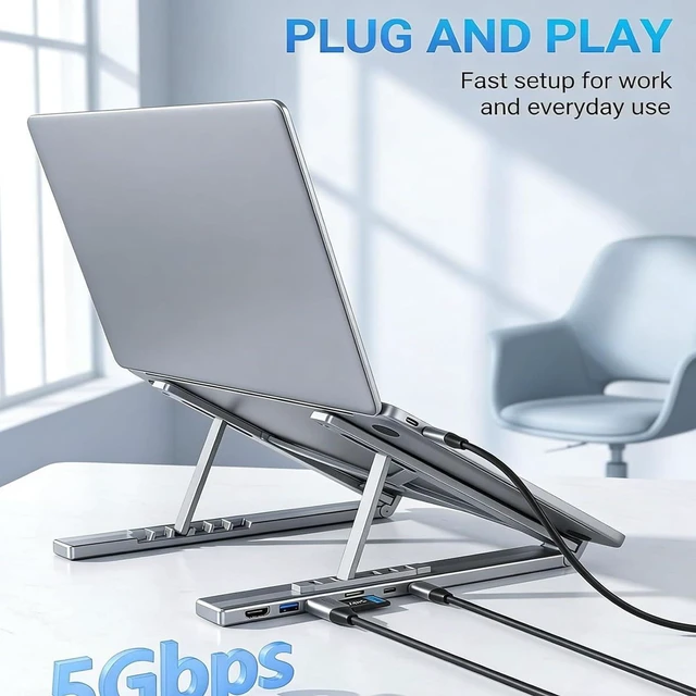 Alt view image 3 of 7 - 8 in 1 USB C Laptop Stand with Docking Station, Foldable Laptop Docking Stand with 4K HDMI, 100W PD & 5 USB Ports, Portable Multiport Computer Riser Hub for 10-17" Mac and PC (1PC)