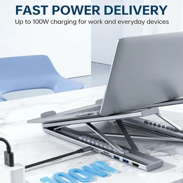 Alt view image 5 of 7 - 8 in 1 USB C Laptop Stand with Docking Station, Foldable Laptop Docking Stand with 4K HDMI, 100W PD & 5 USB Ports, Portable Multiport Computer Riser Hub for 10-17" Mac and PC (1PC)