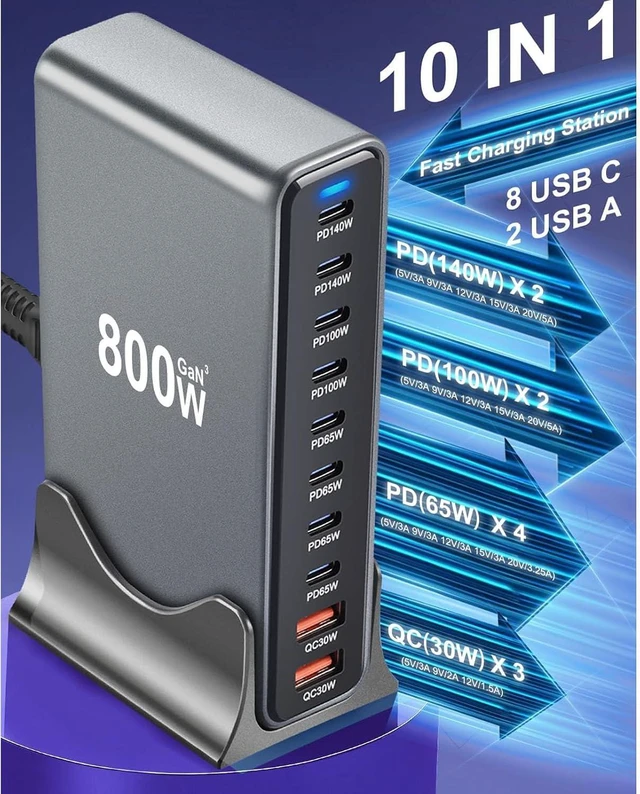 Alt view image 2 of 7 - Diyeeni GaN, 800W 10 Ports USB C Charging Station with 2x140W PD3.1, 2x100W PD PPS, 4x65W, 2x30W QC, for iOS 16 15 14 Pro, Steam Deck (US Plug)