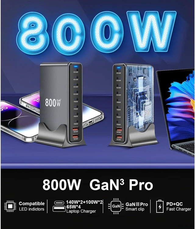 Alt view image 3 of 7 - Diyeeni GaN, 800W 10 Ports USB C Charging Station with 2x140W PD3.1, 2x100W PD PPS, 4x65W, 2x30W QC, for iOS 16 15 14 Pro, Steam Deck (US Plug)