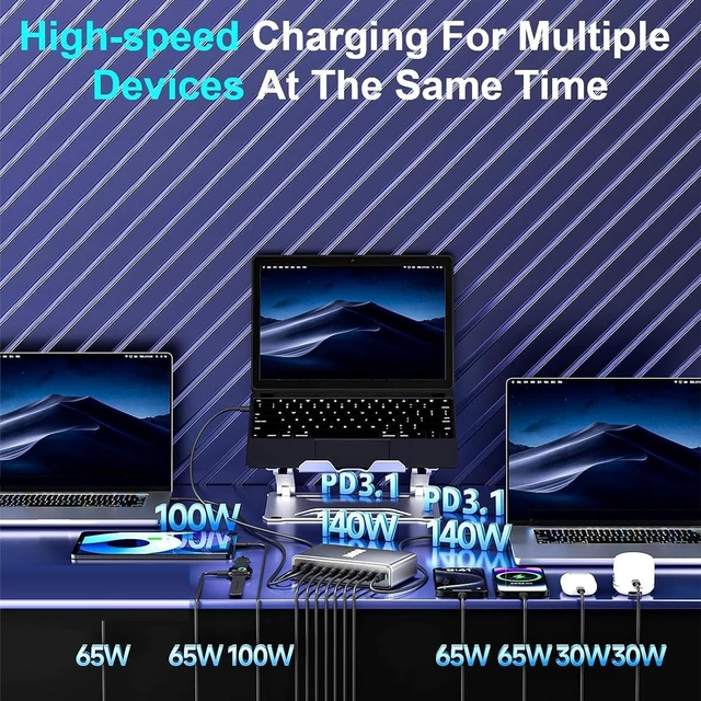 Alt view image 5 of 7 - Diyeeni GaN, 800W 10 Ports USB C Charging Station with 2x140W PD3.1, 2x100W PD PPS, 4x65W, 2x30W QC, for iOS 16 15 14 Pro, Steam Deck (US Plug)