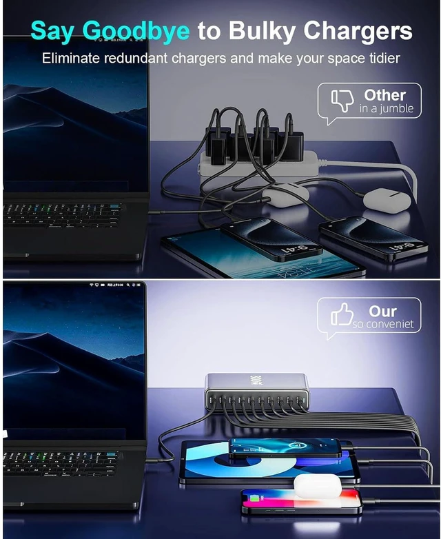 Alt view image 6 of 7 - Diyeeni GaN, 800W 10 Ports USB C Charging Station with 2x140W PD3.1, 2x100W PD PPS, 4x65W, 2x30W QC, for iOS 16 15 14 Pro, Steam Deck (US Plug)