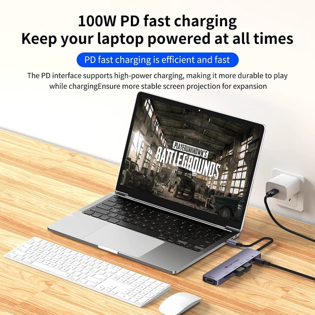 Alt view image 5 of 7 - USB-C Hub Dock for MacBook/Laptops Supports 4K 60Hz HD Output, 100W PD Fast Charging, 2 USB 3.0 Ports, and 1 USB-C 3.0 Port with Dual SD/TF Card Reader Slots