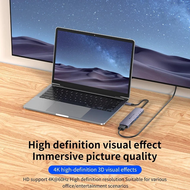 Alt view image 4 of 7 - USB-C Hub Dock for MacBook/Laptops Supports 4K 60Hz HD Output, 100W PD Fast Charging, 2 USB 3.0 Ports, and 1 USB-C 3.0 Port with Dual SD/TF Card Reader Slots