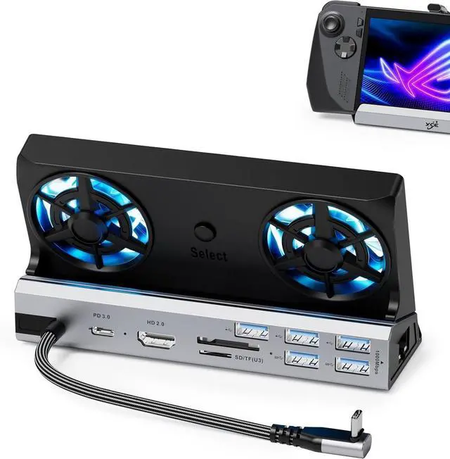 Main image of 13-in-1 Steam Deck Dock with Dual 5cm RGB Cooling Fans for Steam Deck OLED/ROG Ally/Switch 2/Legion Go 4K@60Hz HDMI, Gigabit Ethernet, 100W PD, Aluminum