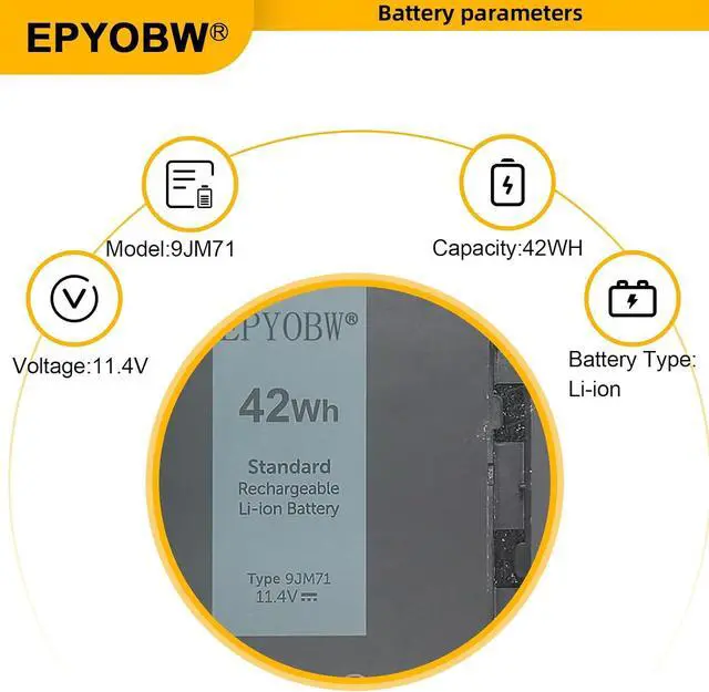 Alt view image 3 of 6 - 9JM71 Laptop Battery 42Wh 7FMXV 0TN2GY TN2GY 4M1JN 1PP63 MHR4G HDGJ8