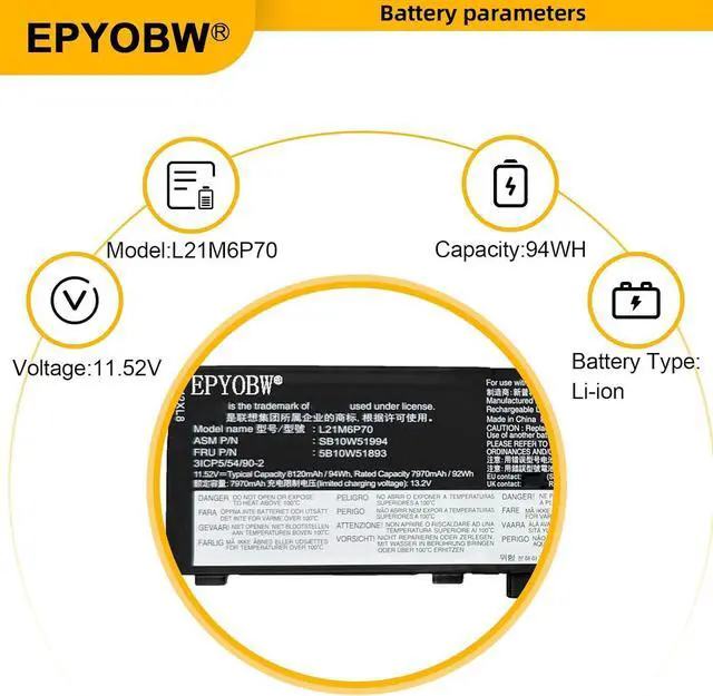 Alt view image 4 of 7 - L21M6P70 Laptop Battery 94Wh 8120mAh 11.52V Compatible with Lenovo ThinkPad P16 Gen 1 2 / ThinkPad P14s Gen 5 Series L21L6P70 L22M6P70 L22L6P70 SB10W51994 5B10W51893 SB11M89891