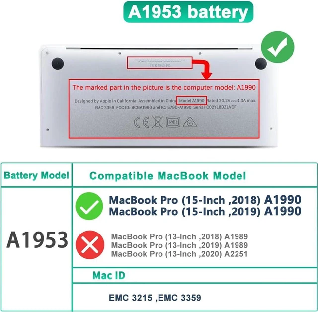 Alt view image 2 of 7 - 83.6WH A1953 A1990 Laptop Battery Compatible with MacBook Pro 15" A1990 (Mid 2018 2019) Model A1953 EMC 3215 3359