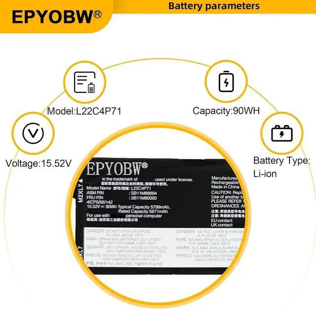 Alt view image 3 of 6 - L22C4P71 Laptop Battery 90Wh 5799mAh 4-Cell 15.52V Compatible with Lenovo ThinkPad P16v Gen 1 21FC 21FD 21FE 21FF Series L22M4P71