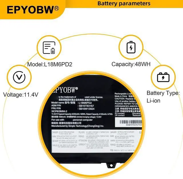 Alt view image 3 of 7 - L18M6PD2 Laptop Battery 48Wh Compatible with Lenovo ThinkPad X390 X395 X13 Series L18M6PD1 L18C6PD1 L18D6PD1 SB10T83167 5B10W13924 SB10K97656 SB10W51941 5B10W51842 SB10T83166 5B10W13923