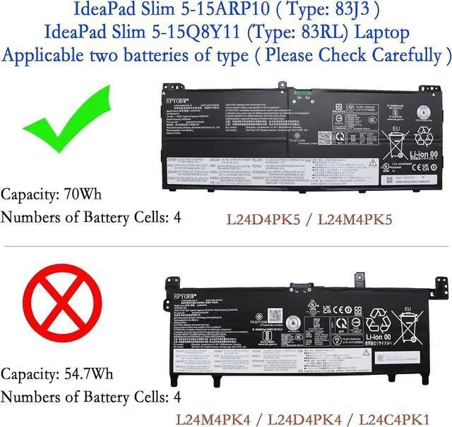 Alt view image 2 of 6 - L24D4PK5 Laptop Battery 70Wh 4523mAh 15.48V Compatible with Lenovo IdeaPad Slim 5 15ARP10 / Yoga 7 2-in-1 14AGP11 14IPH11 16AGP11 16IPH11 Series SB11Q02030 5B11Q01997 L24M4PK5 5B11Q02060