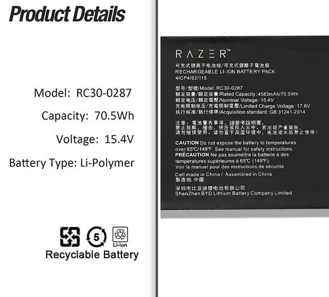 Alt view image 2 of 7 - 15.4V 70.5Wh RC30-0287 Compatible for Razer Blade Pro 17 2019 2020 2021 RTX 2060 2070 2080 3060 3070 3080 Max-Q RZ09-02877 6 RZ09-02877 RZ09-02878 RZ09-03295 Series