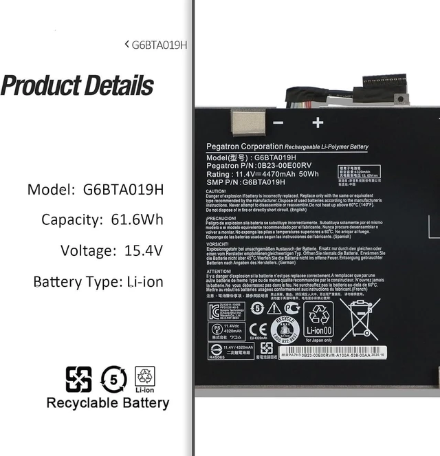Alt view image 4 of 7 - 11.4V 50Wh G6BTA019H Compatible for Cintiq Companion 2 DTH-W1310 DTH-W1310L/K0 DTH-W1310P/K0 DTH-W1310T/K0 DTH-W1310H/K0 Mobile Computer Creative 0B23-00E00RV