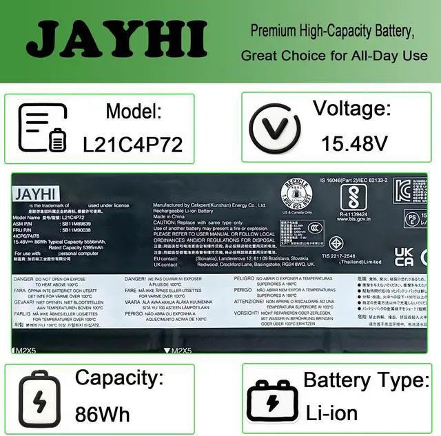 Alt view image 3 of 6 - JAYHI L21C4P72 86Wh Laptop Battery L21D4P73 L21M4P74 L21M4P73 L21D4P72