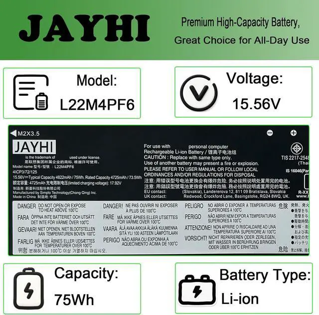 Alt view image 3 of 7 - JAYHI L22M4PF6 75Wh Laptop Battery SB11K40865 5B11K40866 L22C4PF6 15.56V