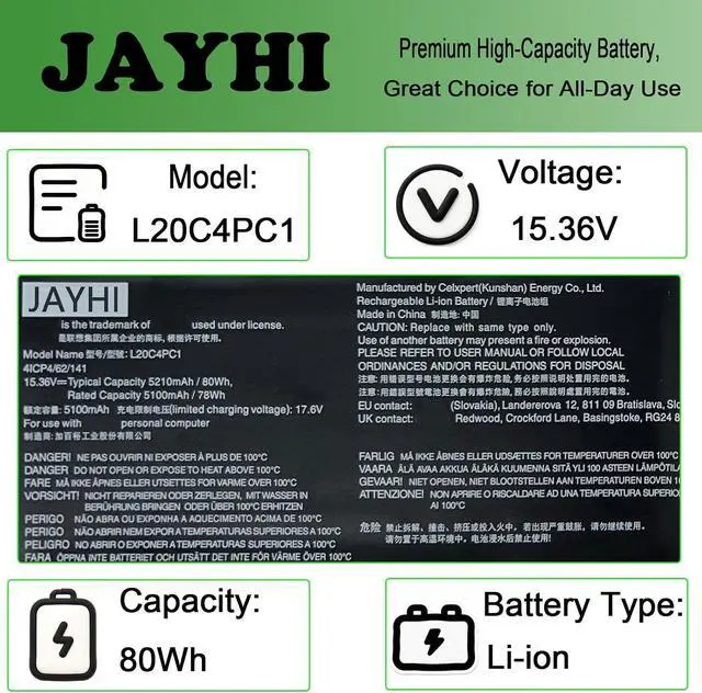 Alt view image 4 of 7 - JAYHI L20C4PC1 80Wh Laptop Battery L20M4PC1 15.36V L20D4PC1 L20L4PC1
