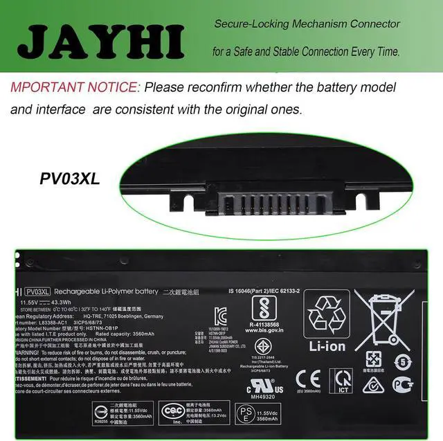Alt view image 4 of 6 - JAYHI PV03XL 43.3Wh 3560mAh Laptop Battery PP03XL HSTNN-LB8S HSTNN-DB9X