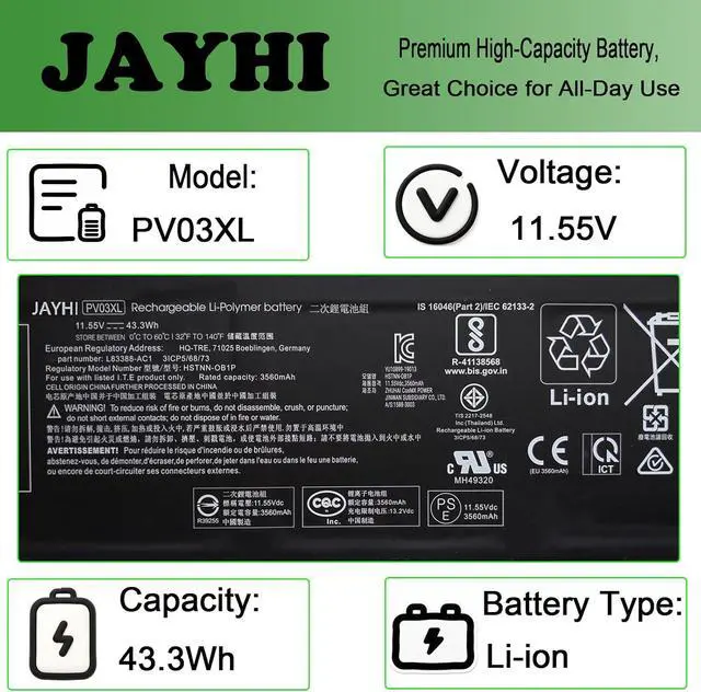 Alt view image 3 of 6 - JAYHI PV03XL 43.3Wh 3560mAh Laptop Battery PP03XL HSTNN-LB8S HSTNN-DB9X