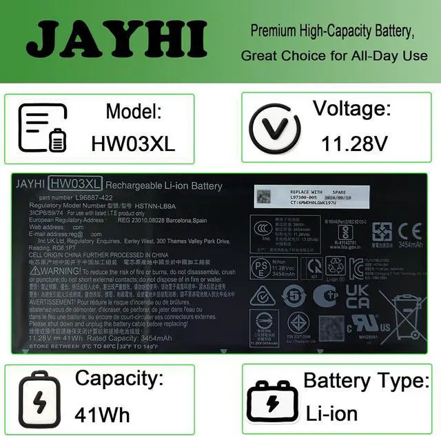 Alt view image 3 of 7 - JAYHI HW03XL 41.04Wh Laptop Battery HWO3XL HW03041XL HSTNN-OB2A 11.34V
