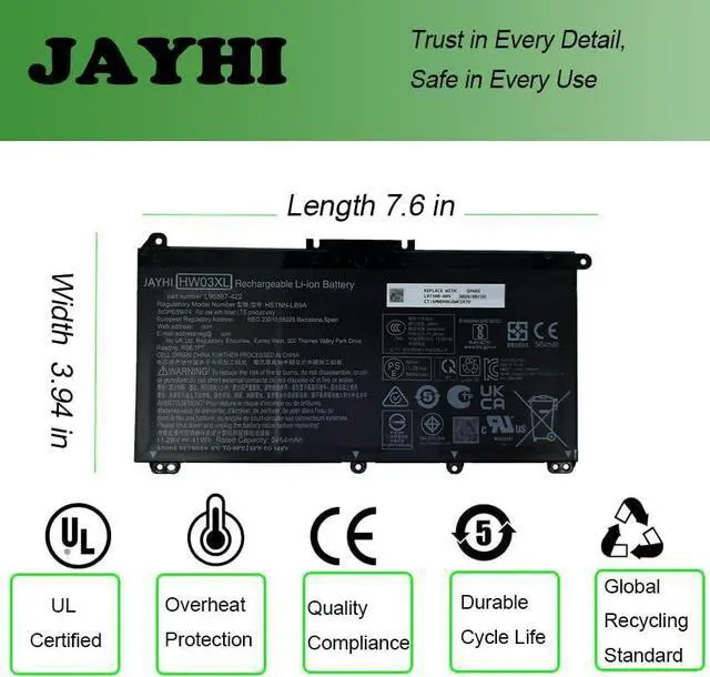 Alt view image 5 of 7 - JAYHI HW03XL 41.04Wh Laptop Battery HWO3XL HW03041XL HSTNN-OB2A 11.34V