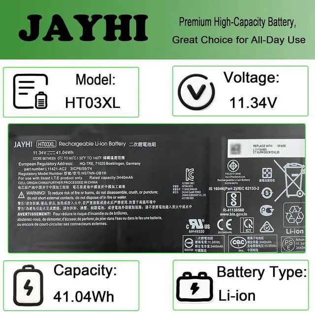 Alt view image 3 of 6 - JAYHI HT03XL 41.9Wh Laptop Battery HSTNN-DB8R HSTNN-DB8S HSTNN-IB80 11.55V