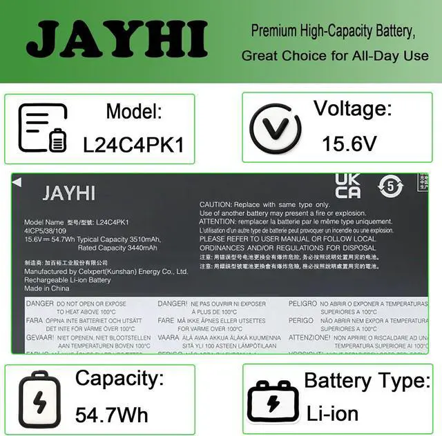 Alt view image 4 of 7 - JAYHI L24C4PK1 54.7Wh 3440mAh Laptop Battery L24M4PK4 L24D4PK4 15.6V 4-Cell