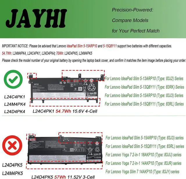 Alt view image 2 of 7 - JAYHI L24C4PK1 54.7Wh 3440mAh Laptop Battery L24M4PK4 L24D4PK4 15.6V 4-Cell