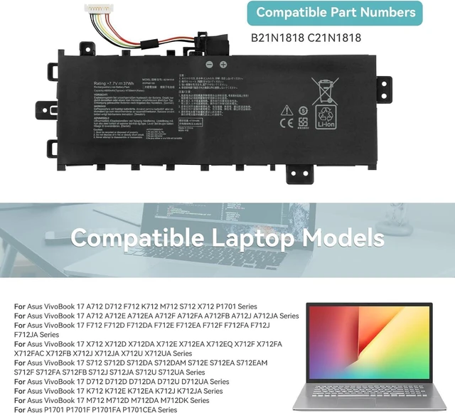 Alt view image 2 of 7 - B21N1818 Compatible for Asus VivoBook 17 S712 X712 A712 D712 F712 K712 M712 P1701 A712E A712EA A712FA D712DA D712UA X712DA X712EA X712FA X712FB X712JA S712DA S712EA S712FA S712JA S712UA