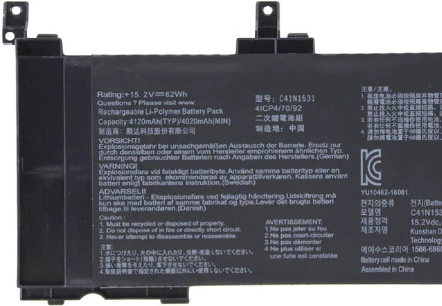 Alt view image 2 of 3 - 15.2V 62Wh 4120mAh C41N1531 Compatible for ROG Strix GL502VS GL502VS-1A GL502VS-1E GL502VY GL502VY-DS74 GL502VY-DS71