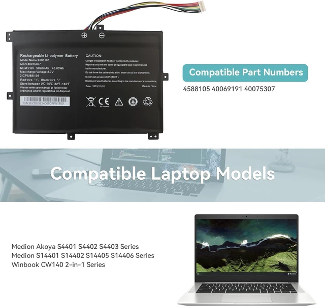 Alt view image 2 of 7 - 45Wh 4588105 Compatible for Medion Akoya S4401 S4402 S4403 S14401 S14402 S14405 S14406 Winbook CW140 2-in-1 Serie MD 61265 61394 61268 63410 61674 61267 61852 61397 61269