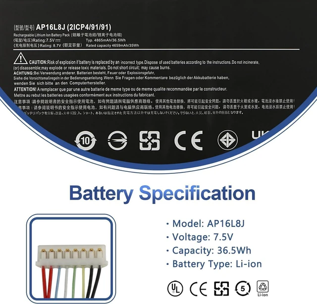 Alt view image 2 of 7 - AP16L8J KT0020G010 2ICP4/91/91 Compatible with Acer Chromebook Spin 311 CP311-3H CP311-3H-K2RJ CP311-2H-C679 Series 11.4V 7.5Wh 4865mAh