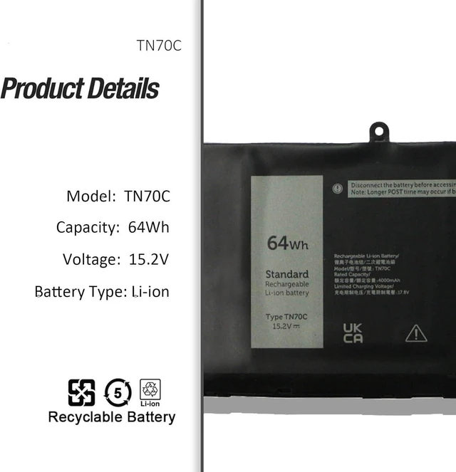 Alt view image 3 of 7 - 64Wh TN70C Batería de Repuesto para computadora portátil Compatible for Dell Latitude 3320 3330 3420 3430 3520 3530 3445 5430 Chromebook Inspiron 14 Plus 7420 7430 7440 3510 3511 3515 3521