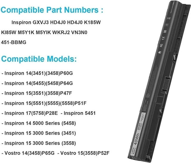 Alt view image 4 of 6 - M5Y1K 14.8V BatteryCompatible for Dellfor Inspiron 15 3000 5000 Series 5559 5558 5555 5758 3567 3551 3552 3558 14 3451 3452 5458 17 5755 5756