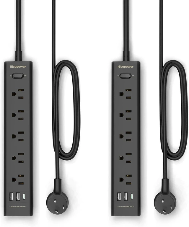 Main image of 10FT Extension Cord Power Bar -Surge Protector Power bar with 5 Widely Outlets and 3 USB Ports(1 USB C Port),Flat Plug Extension Cord(1250W/10A),Wall Mount for Home Office,700 J(2 Pack)