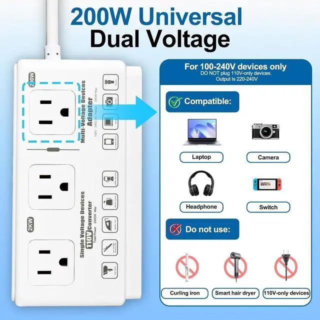 Alt view image 4 of 7 - 220v to 110v Travel Voltage Converter | International Universal Voltage Converter US to Europe Power Transformer, 2000W Electric Step Down Outlet Converter for EU UK