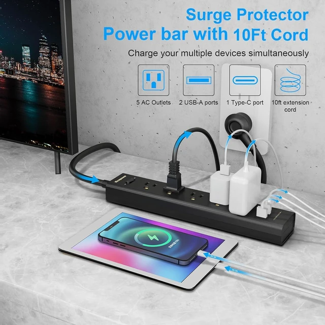 Alt view image 2 of 7 - 10FT Extension Cord Power Bar -Surge Protector Power bar with 5 Widely Outlets and 3 USB Ports(1 USB C Port),Flat Plug Extension Cord(1250W/10A),Wall Mount for Home Office,700 J(2 Pack)