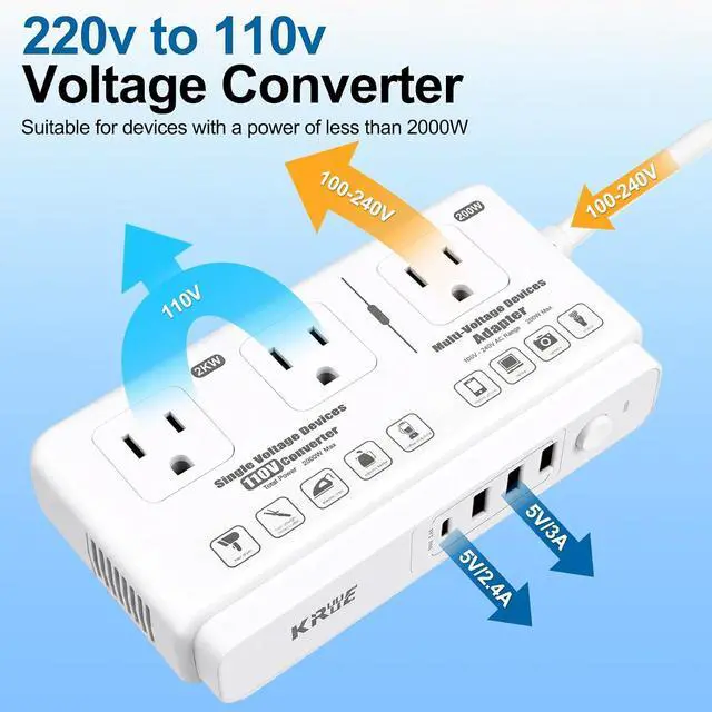 Alt view image 7 of 7 - 220v to 110v Travel Voltage Converter | International Universal Voltage Converter US to Europe Power Transformer, 2000W Electric Step Down Outlet Converter for EU UK