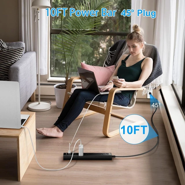 Alt view image 6 of 7 - 10FT Extension Cord Power Bar -Surge Protector Power bar with 5 Widely Outlets and 3 USB Ports(1 USB C Port),Flat Plug Extension Cord(1250W/10A),Wall Mount for Home Office,700 J(2 Pack)