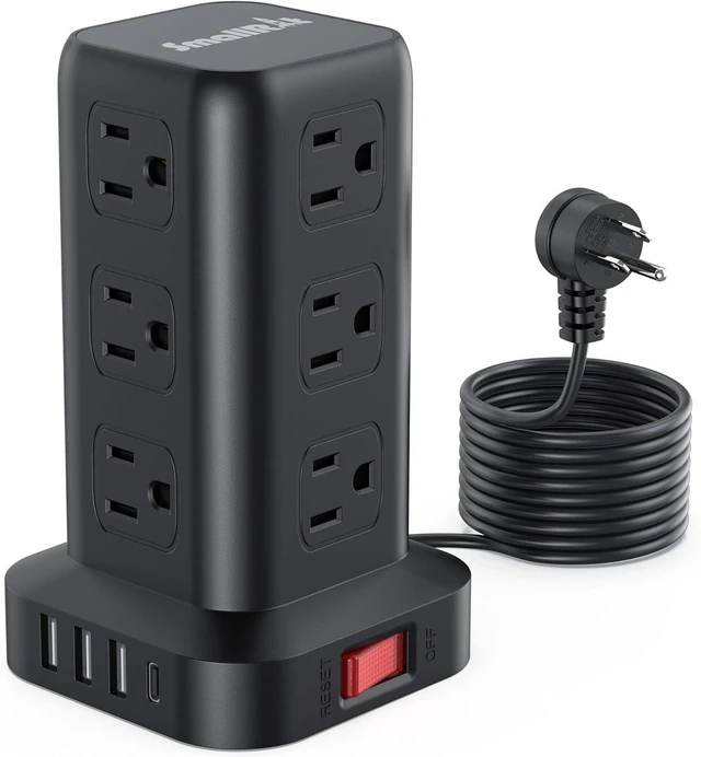 Main image of Tower Power Bar with USB, SMALLRT 10FT Flat Plug Extension Cord Indoor with Multiple Outlets, Desktop Power Strip with 12 Outlet Extender 4 USB for Home Office Dorm Essentials, Black
