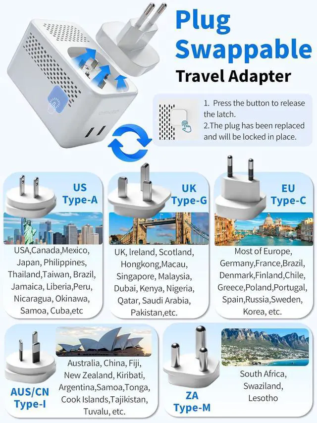 Alt view image 4 of 5 - 220v to 110v Converter Travel Voltage Converter European Plug Adapter Travel Power Adapter Canada to Europe with 2 USB A 2 USB C & UK US EU AU South Africa for Hair Dryer (White)