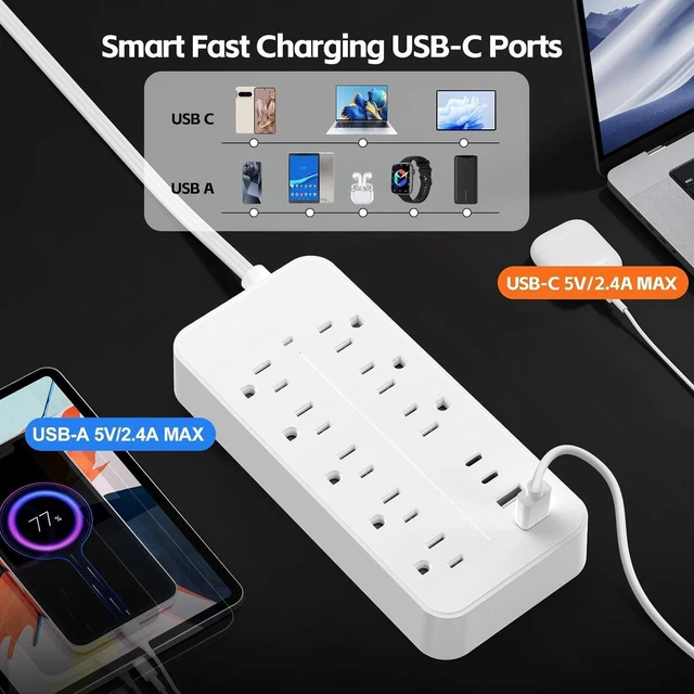 Alt view image 5 of 7 - Flat Extension Cord 25 ft, Extra Long Cord Surge Protector Power Bar with 8 Outlets 4 USB Ports, Extension Cord Indoor, Multiple Outlets Protection for Home, Office, Dorm Room Essentials, White