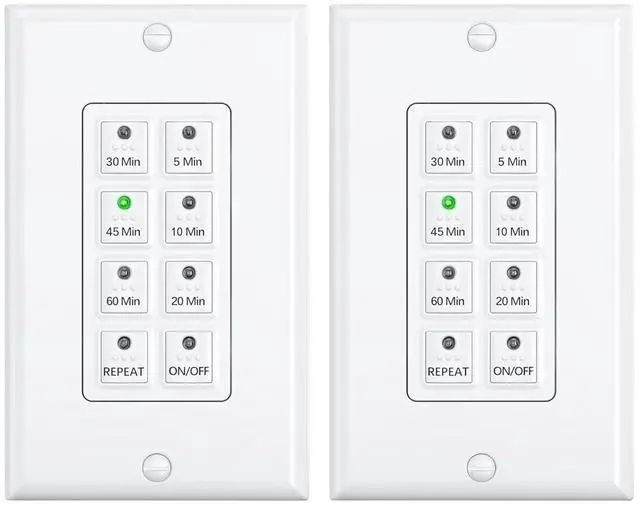 Main image of BN-LINK Countdown Digital Wall Timer Switch for Exhaust Fan with Push Button 5-10-20-30-45-60mins, Bathroom Fan Light Switch Timer Indoor, Neutral Required, Wall Plate Included, White