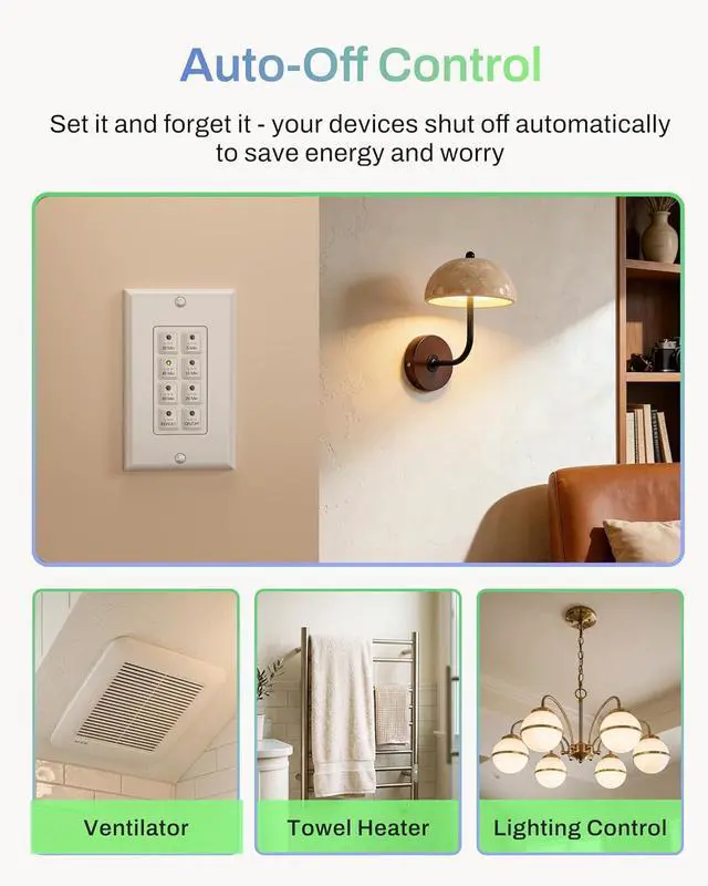 Alt view image 4 of 7 - BN-LINK Countdown Digital Wall Timer Switch for Exhaust Fan with Push Button 5-10-20-30-45-60mins, Bathroom Fan Light Switch Timer Indoor, Neutral Required, Wall Plate Included, White