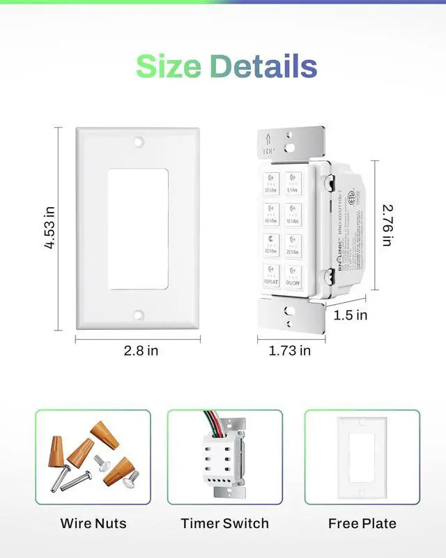 Alt view image 6 of 7 - BN-LINK Countdown Digital Wall Timer Switch for Exhaust Fan with Push Button 5-10-20-30-45-60mins, Bathroom Fan Light Switch Timer Indoor, Neutral Required, Wall Plate Included, White